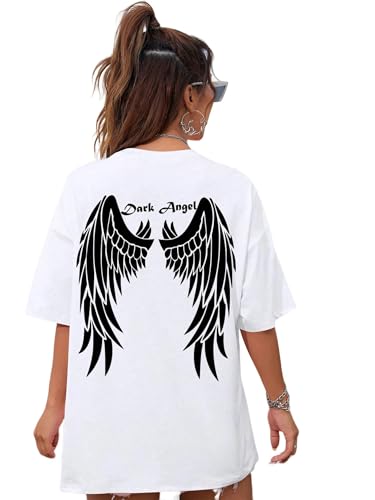 Kurzarmoberteile Für Damen Dark Engel Flügel Grafische Gedruckte T-Shirts Für Frauen Lose Übergroße Kleidung T-Shirt Baumwolle-Weiß-XXXL von YDRABFLE