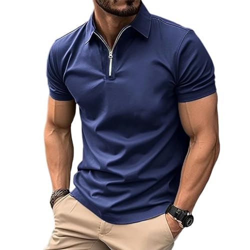 YDRABFLE Herren Kurzarm-T-Shirt Für Den Sommer Männer Solid Color Polo Shirt Kurzarm Reißverschluss Kragen Tshirts Für Männer Turn-Down-Marine-XL von YDRABFLE
