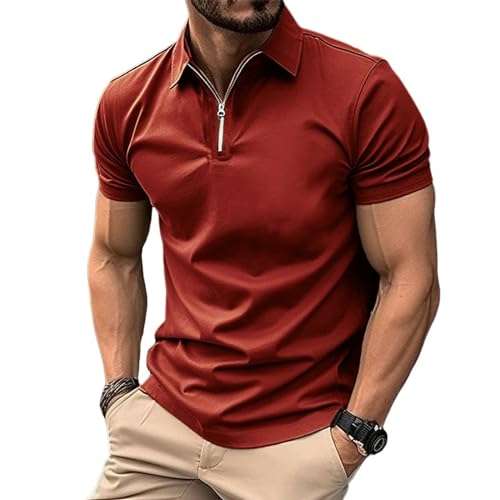 YDRABFLE Herren Kurzarm-T-Shirt Für Den Sommer Männer Solid Color Polo Shirt Kurzarm Reißverschluss Kragen Tshirts Für Männer Turn-Down-Rot-L von YDRABFLE