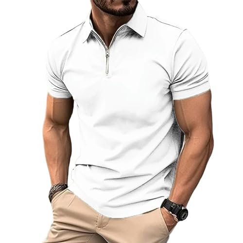 YDRABFLE Herren Kurzarm-T-Shirt Für Den Sommer Männer Solid Color Polo Shirt Kurzarm Reißverschluss Kragen Tshirts Für Männer Turn-Down-Weiß-M von YDRABFLE