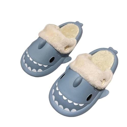 YDRABFLE Plüschhausschuhe Hai -Baumwollruhrschuhe Frau wasserdichte Winter In Den Innenrutschen Harter Paar Homeshark Flip Flops-Blau-36-37 von YDRABFLE