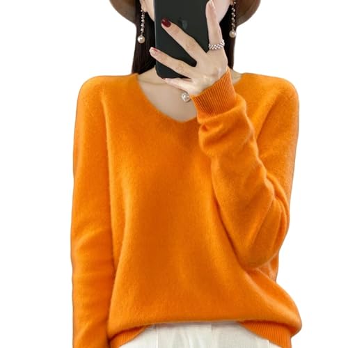 YDRABFLE Pullover Frauen Pullover V-Ausschnitt Strickwege Solid Office Dame Pullover-Orange-M von YDRABFLE