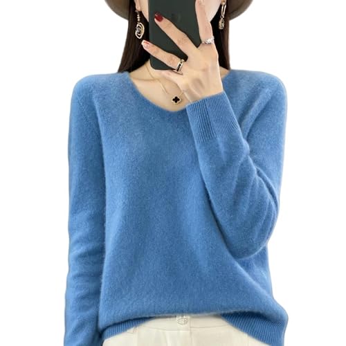 YDRABFLE Pullover Frauen Pullover V-Ausschnitt Strickwege Solid Office Dame Pullover-Wumai Blue-L von YDRABFLE