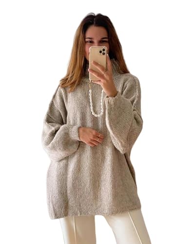 YDRABFLE Pullover Loser Pullover Frauen O Hals Laternen -Langarmpullover -Top-Khaki-S von YDRABFLE