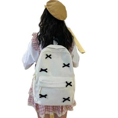 YDRABFLE Rucksack Nette Ästhetische Rucksäcke Leichte Schulbuchtaschen Schüler Süßer Rucksack Für Mädchen Frauen-Kleine Schleife Weiß von YDRABFLE