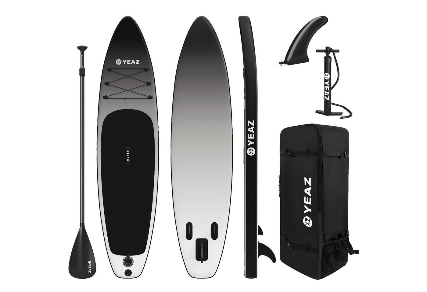 YEAZ Inflatable SUP-Board BLACK SANDS BEACH - EXOTRACE PRO - SET sup board, Inflatable SUP Board, (Set), inkl. Zubehör wie Paddel, Handpumpe und Rucksack von YEAZ
