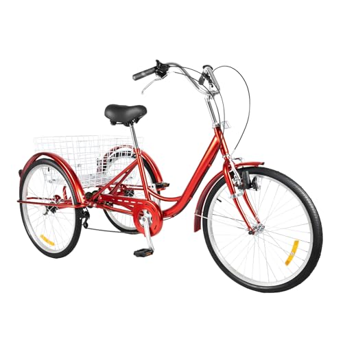 YEITBY 24-Zoll-Dreirad für Erwachsene, Sechsgang-Dreirad mit verstellbarem Einkaufskorb hinten, geeignet für Erwachsene Männer und Frauen zum Tragen von Gegenständen (Rot) von YEITBY