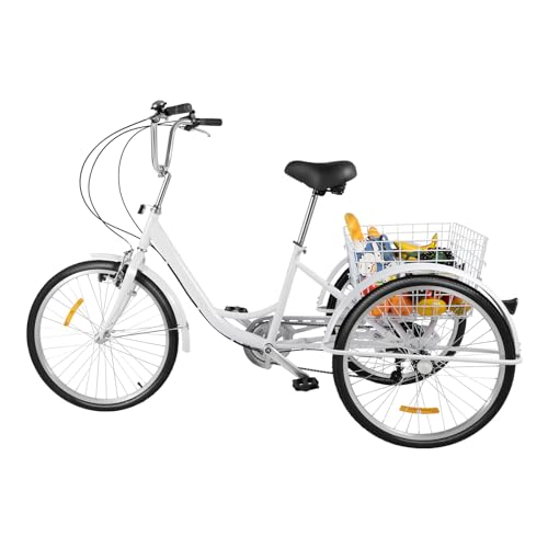 YEITBY 24-Zoll-Dreirad für Erwachsene, Sechsgang-Dreirad mit verstellbarem Einkaufskorb hinten, geeignet für Erwachsene Männer und Frauen zum Tragen von Gegenständen (Weiß) von YEITBY
