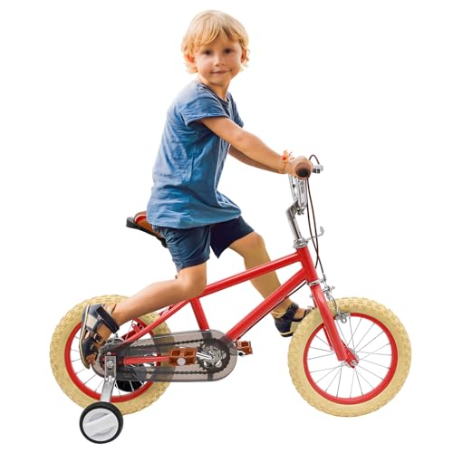 YESTAIM 14“ Fahrrad, Fahrrad mit EIN-Gang-Schaltung, Mountainbike, höhenverstellbares Fahrrad, farbige Reifen mit Stützrädern, geeignet für 3-4 Jahre, rot von YESTAIM