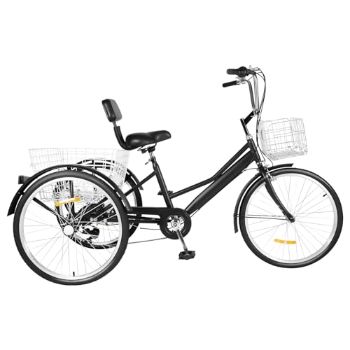 YESTAIM 24-Zoll-Dreirad für Erwachsene, Seniorenfahrrad, Zwei-Korb-Dreirad mit menschlichem Antrieb, 7-Gang-Leichtgewicht-Korbfahrrad, höhenverstellbar, faltbar (Schwarz) von YESTAIM