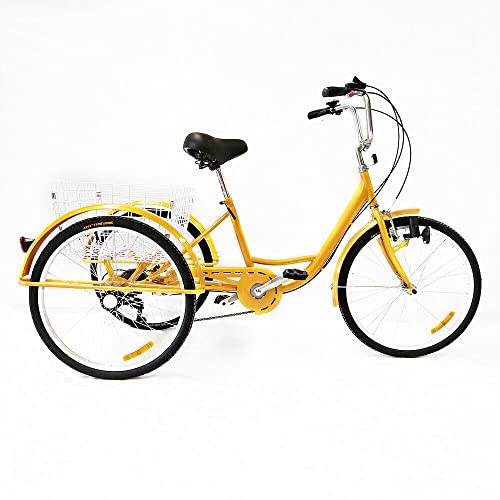 YESTAIM 24-Zoll Erwachsenen-Dreirad, Seniorenfahrrad, Menschliches Dreirad mit Licht, 6-Gang-Leichtgewicht-Korb-Fahrrad, höhenverstellbar, faltbar (gelb) ﻿ ﻿ von YESTAIM