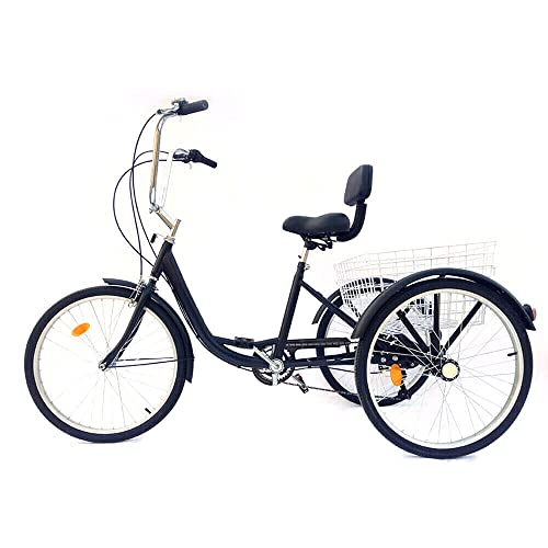 YESTAIM 24-Zoll Erwachsenendreirad, älteres Fahrrad, unbeleuchtetes menschliches Dreirad, 6-Gang Licht Korb Fahrrad, höhenverstellbar, faltbar (schwarz) von YESTAIM
