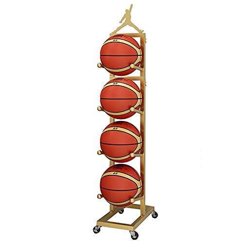Mobiles Balllagerregal mit feststellbaren Rädern, freistehender aufrechter Basketball-Ausstellungsständer, rollende Sportball-Organizer für Fitnessstudio/Geschäft/Büro/Haus (Farbe: Gold, Größe: 4 von YFFDKA