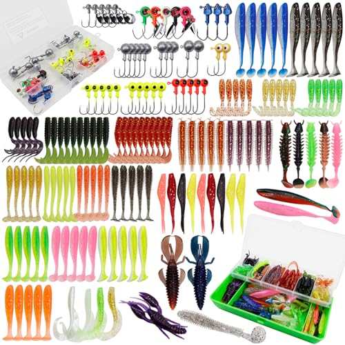 YFPICO 182stk Gummiköder Jigköpfe Angelhaken Set, Angelköder-Set Mit Edelstahl-Kurbelhaken, Weiche Kunststoffköder Zum Angeln, PVC-Weichköder Mit Aufbewahrungsbox YFPICO 182stk Gummiköder Jigköpfe Angelhaken Set, Angelköder-Set Mit Edelstahl-Kurbelhaken, Weiche Kunststoffköder Zum Angeln, PVC-Weichköder Mit Aufbewahrungsbox von YFPICO