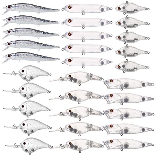 YFPICO 30 Stück Unlackiert Angelköder Set,Blanko,DIY Harte Kunstköder Bionische Köder Mit 3D Augen Blank Köder Minnow Crankbait Wobbler VIB Angelzubehör Kit von YFPICO