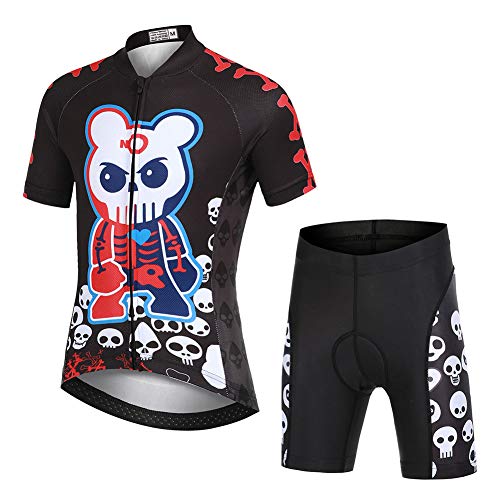 YFPICO Jungen Mädchen Fahrrad Set Quick Dry Kurzarm Trikot + Radhose Atmungsaktiver Radsport Anzüge, Schädeldruck, 122/128 von YFPICO