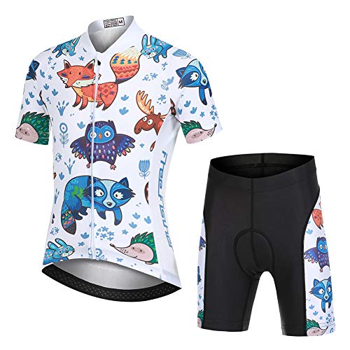 YFPICO Jungen Mädchen Fahrrad Set Quick Dry Kurzarm Trikot + Radhose Atmungsaktiver Radsport Anzüge, Weißer Tierdruck, 104/110 von YFPICO