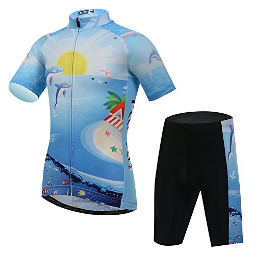 YFPICO Kinder Radtrikot Set Fahrrad Trikot Kurzarm + Radhose mit Sitzpolster Radsport-Anzüge Jungen Mädchen Fahrradbekleidung, Delphin, 122/128 von YFPICO