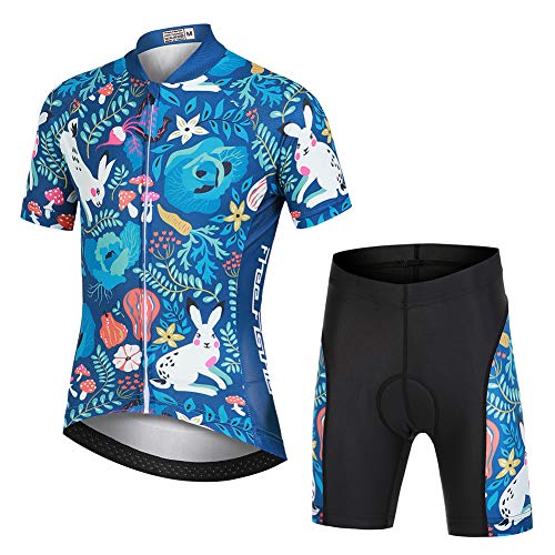 YFPICO Kinder Radtrikot Set Jungen Mädchen Fahrrad Trikot Kurzarm + Radhose mit Sitzpolster, Weißes Kaninchen-Wald, X von YFPICO