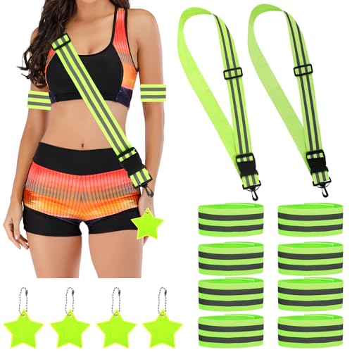 YGKYMVW 14 Stück Reflektoren Kleidung Set, Beinhaltet 2 Reflektor Gürtel Verstellbaren 8 Reflektrband 4 Reflektoren Anhänger, Fahrradfahren Reflektorgürtel für Joggen Wandern Outdoor Sport von YGKYMVW