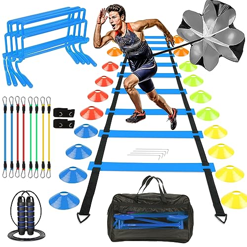 YGORTECH Fußball Trainingsset Koordinationsleiter Fussball Trainingszubehör mit 6m Trainingsleiter 20 Kegel,Hürden, Widerstand Fallschirm,Springseil,Widerstandsbänder (Blue) YGORTECH Fußball Trainingsset Koordinationsleiter Fussball Trainingszubehör mit 6m Trainingsleiter 20 Kegel,Hürden, Widerstand Fallschirm,Springseil,Widerstandsbänder (Blue) von YGORTECH
