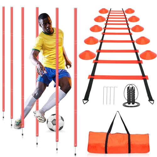 YGORTECH Slalomstangen-Set für Fußball, Agility-Training, inklusive Stangen, 6 Stück, Agility-Leiter, 10 Fußballkegel, Springseil für Geschwindigkeitstraining, Fußballtraining, Basketball und Fitness von YGORTECH