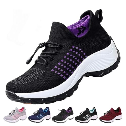 Bequeme orthopädische Schuhe für Frauen gegen Plantarfasziitis, bequeme orthopädische Schuhe mit Stretch-Polsterung, Schuhe gegen Plantarfasziitis für Frauen,lässige Sportschuhe (Black Purple,36 EU) von YGSIKY