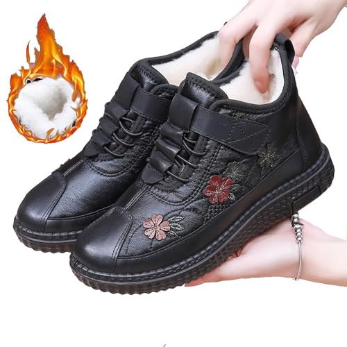 Bestickte Fleece-Schneestiefel für Damen, modische, bestickte, warme Outdoor-Schneestiefel zum Hineinschlüpfen, atmungsaktives pelzgefüttertes besticktes Gewebe warme Stiefeletten (Black,40 EU) von YGSIKY