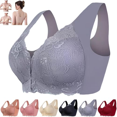 Bügelloser BH mit 5D-Formung und Frontverschluss, nahtlose BHs für Damen, bügelloser Push-up-BH aus massiver Spitze für Damen, BHs mit Frontverschluss für Damen, BHs mit Frontverschluss (Grey,M) von YGSIKY