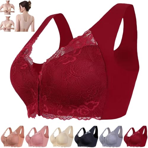 Bügelloser BH mit 5D-Formung und Frontverschluss, nahtlose BHs für Damen, bügelloser Push-up-BH aus massiver Spitze für Damen, BHs mit Frontverschluss für Damen, BHs mit Frontverschluss (Claret,L) Bügelloser BH mit 5D-Formung und Frontverschluss, nahtlose BHs für Damen, bügelloser Push-up-BH aus massiver Spitze für Damen, BHs mit Frontverschluss für Damen, BHs mit Frontverschluss (Claret,L) von YGSIKY