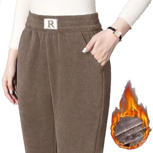 Gepolsterte Composite-Hose für Frauen, Plus Samtverdickte Cord,Kordhose Für Damen, 2024 Neu Fleecegefütterte Damenverbundhose,High Waist Bequem Bequeme Hose Freizeithose (Khaki R,M) von YGSIKY