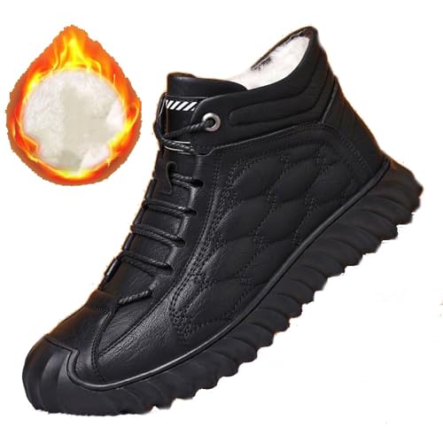 Hohe Baumwollschuhe für Herren, Hohe wasserdichte Lederstiefel für Herren, Bequeme Freizeit-Wanderschuhe für den Außenbereich, Lässige Leder- und Plüsch-Warmschuhe für den Außenbereich (Black,45 EU) von YGSIKY