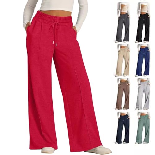 Lässige Baggy-Hose mit Kordelzug und hoher Taille für Damen, Jogginghose mit weitem Bein für Damen,lockere Hose mit Taschen, Übergröße, Schlaghose mit Kordelzug (Red,XXL) von YGSIKY