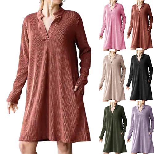 Lässiges Langarmkleid mit V-Ausschnitt für Damen, Langarm-Sweatshirtkleid mit V-Ausschnitt für Damen, Langarm-Midikleid mit V-Ausschnitt, Lockeres süßes Mini-Herbstkleid in A-Linie (Light Brown,XL) von YGSIKY