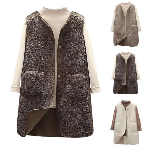 Teddyweste Damen, Lange Pelzweste Teddywesten Leichte Ärmellose Weste Fleeceweste Winter, Warme Westen Lässig Einfarbig Damen, Winterweste Herbstmantel Knöpfe Plüschweste mit Taschen (Brown,XXL) von YGSIKY