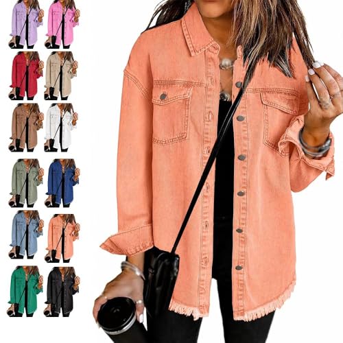 Übergroße Shacket-Jacke mit Knopfleiste und ausgefranstem Saum für Damen, lässige Vintage-Shacket-Jacke mit Knopfleiste und langen Ärmeln,lässiger Jeansjacke-Mantel mit langen Ärmeln (Orange,M) von YGSIKY