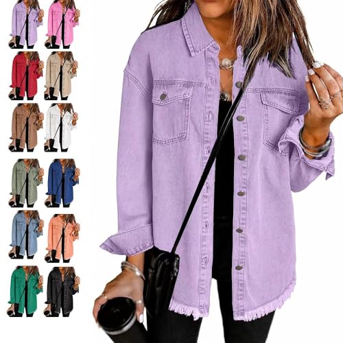 Übergroße Shacket-Jacke mit Knopfleiste und ausgefranstem Saum für Damen, lässige Vintage-Shacket-Jacke mit Knopfleiste und langen Ärmeln,lässiger Jeansjacke-Mantel mit langen Ärmeln (Purple,L) von YGSIKY