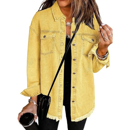 Übergroße Shacket-Jacke mit Knopfleiste und ausgefranstem Saum für Damen, lässige Vintage-Shacket-Jacke mit Knopfleiste und langen Ärmeln,lässiger Jeansjacke-Mantel mit langen Ärmeln (Yellow,M) von YGSIKY