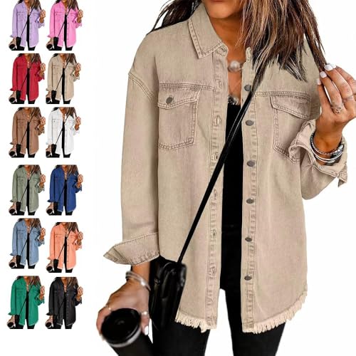 Übergroße Shacket-Jacke mit Knopfleiste und ausgefranstem Saum für Damen, lässige Vintage-Shacket-Jacke mit Knopfleiste und langen Ärmeln,lässiger Jeansjacke-Mantel mit langen Ärmeln (Khaki,XXL) Übergroße Shacket-Jacke mit Knopfleiste und ausgefranstem Saum für Damen, lässige Vintage-Shacket-Jacke mit Knopfleiste und langen Ärmeln,lässiger Jeansjacke-Mantel mit langen Ärmeln (Khaki,XXL) von YGSIKY
