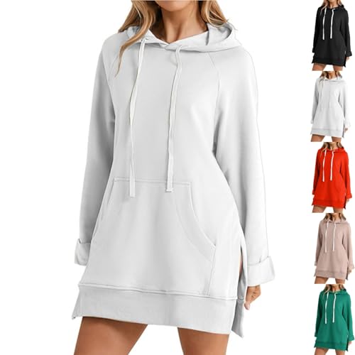 Übergroßes Kapuzenkleid für Damen, lässiger Kapuzenpullover mit langen Ärmeln, lässiger Pullover mit langen Ärmeln und geteiltem Saum für Damen, lässiger Pullover mit Rundhalsausschnitt (White,XXL) von YGSIKY