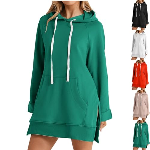 Übergroßes Kapuzenkleid für Damen, lässiger Kapuzenpullover mit langen Ärmeln, lässiger Pullover mit langen Ärmeln und geteiltem Saum für Damen, lässiger Pullover mit Rundhalsausschnitt (Green,S) von YGSIKY