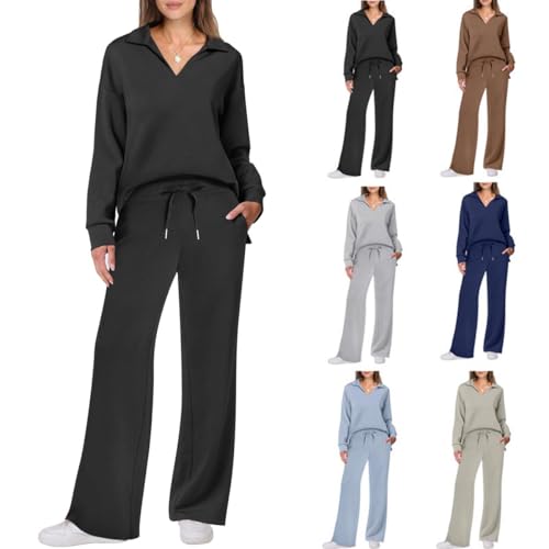 YGSIKY 2-teiliges Outfit-Set für Damen, lässige Langarm-Trainingsanzüge, langärmlige Oberteile mit Revers und V-Ausschnitt, 2-teiliges Damen-Salon-Set, passende Herbst-Sweat-Sets (Black,XS) von YGSIKY