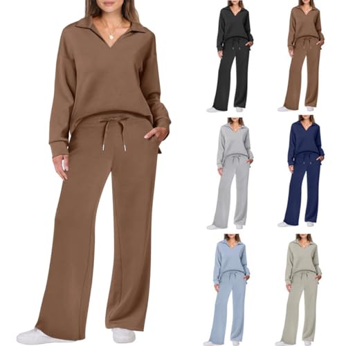 YGSIKY 2-teiliges Outfit-Set für Damen, lässige Langarm-Trainingsanzüge, langärmlige Oberteile mit Revers und V-Ausschnitt, 2-teiliges Damen-Salon-Set, passende Herbst-Sweat-Sets (Brown,XXL) von YGSIKY