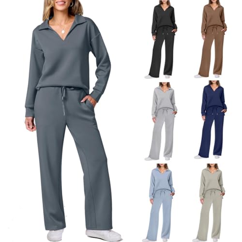 YGSIKY 2-teiliges Outfit-Set für Damen, lässige Langarm-Trainingsanzüge, langärmlige Oberteile mit Revers und V-Ausschnitt, 2-teiliges Damen-Salon-Set, passende Herbst-Sweat-Sets (Gray Blue,3XL) von YGSIKY