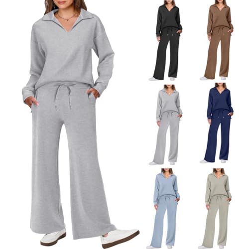 YGSIKY 2-teiliges Outfit-Set für Damen, lässige Langarm-Trainingsanzüge, langärmlige Oberteile mit Revers und V-Ausschnitt, 2-teiliges Damen-Salon-Set, passende Herbst-Sweat-Sets (Light Gray,L) von YGSIKY