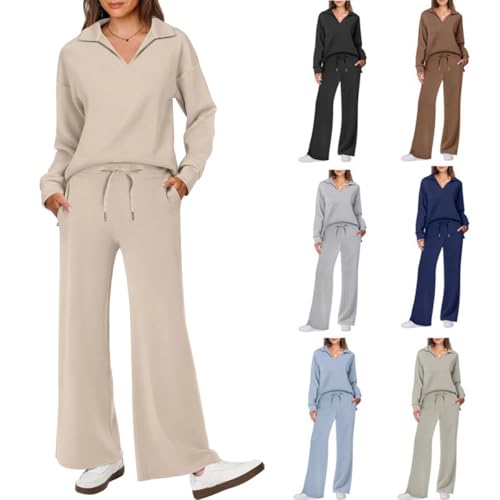 YGSIKY 2-teiliges Outfit-Set für Damen, lässige Langarm-Trainingsanzüge, langärmlige Oberteile mit Revers und V-Ausschnitt, 2-teiliges Damen-Salon-Set, passende Herbst-Sweat-Sets (Light Khaki,L) von YGSIKY