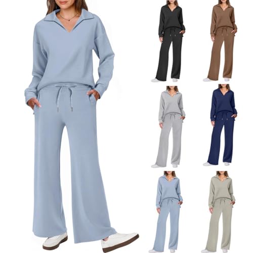 YGSIKY 2-teiliges Outfit-Set für Damen, lässige Langarm-Trainingsanzüge, langärmlige Oberteile mit Revers und V-Ausschnitt, 2-teiliges Damen-Salon-Set, passende Herbst-Sweat-Sets (Sky Blue,L) von YGSIKY