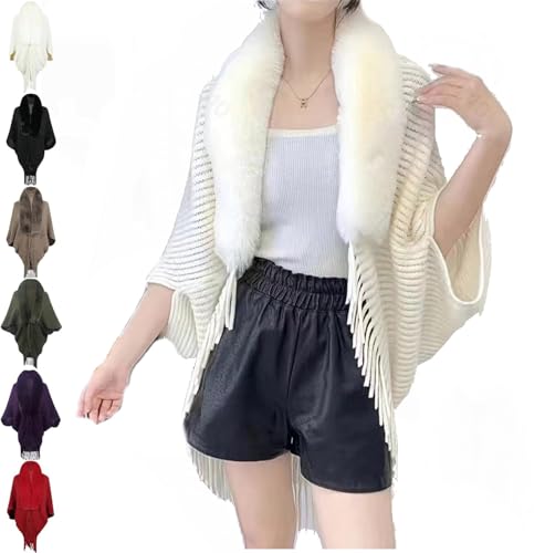 YGSIKY Dicker Strickschal für Damen, Pelzschal, Dicker Strickschal für Damen mit Pelzkragen, eleganter, gemütlicher, Warmer Strickschal mit Pelzkragen, Schals und Tücher für Abendkleider (White) von YGSIKY