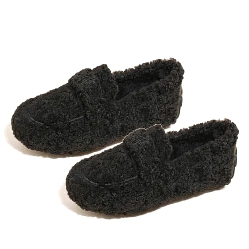 YGSIKY Flauschige Loafer für Damen, Flauschige Loafer für Damen, Warmes Kunstfell, Gemütliche Mokassins zum Reinschlüpfen für Damen, Freizeitschuhe zum Gehen (Black,40 EU) von YGSIKY