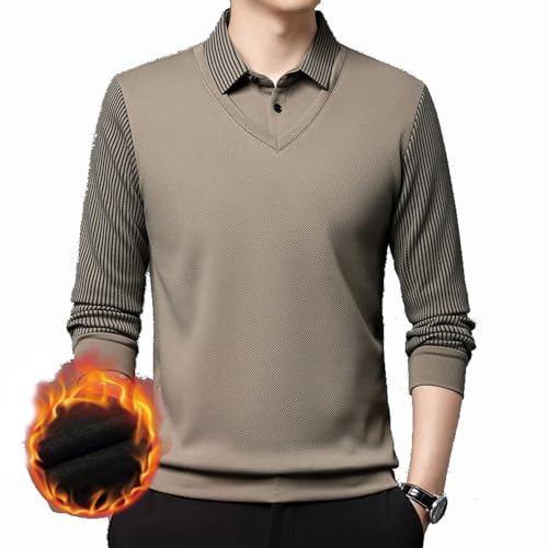 YGSIKY Freizeitmode Business Poloshirt, Herren Poloshirt Langarm, Bequemes Polo mit lässigem Kragen, Fake Zweiteiliges Poloshirt für Männer, Langarm Langarmshirt Männer (Khaki,3XL) von YGSIKY